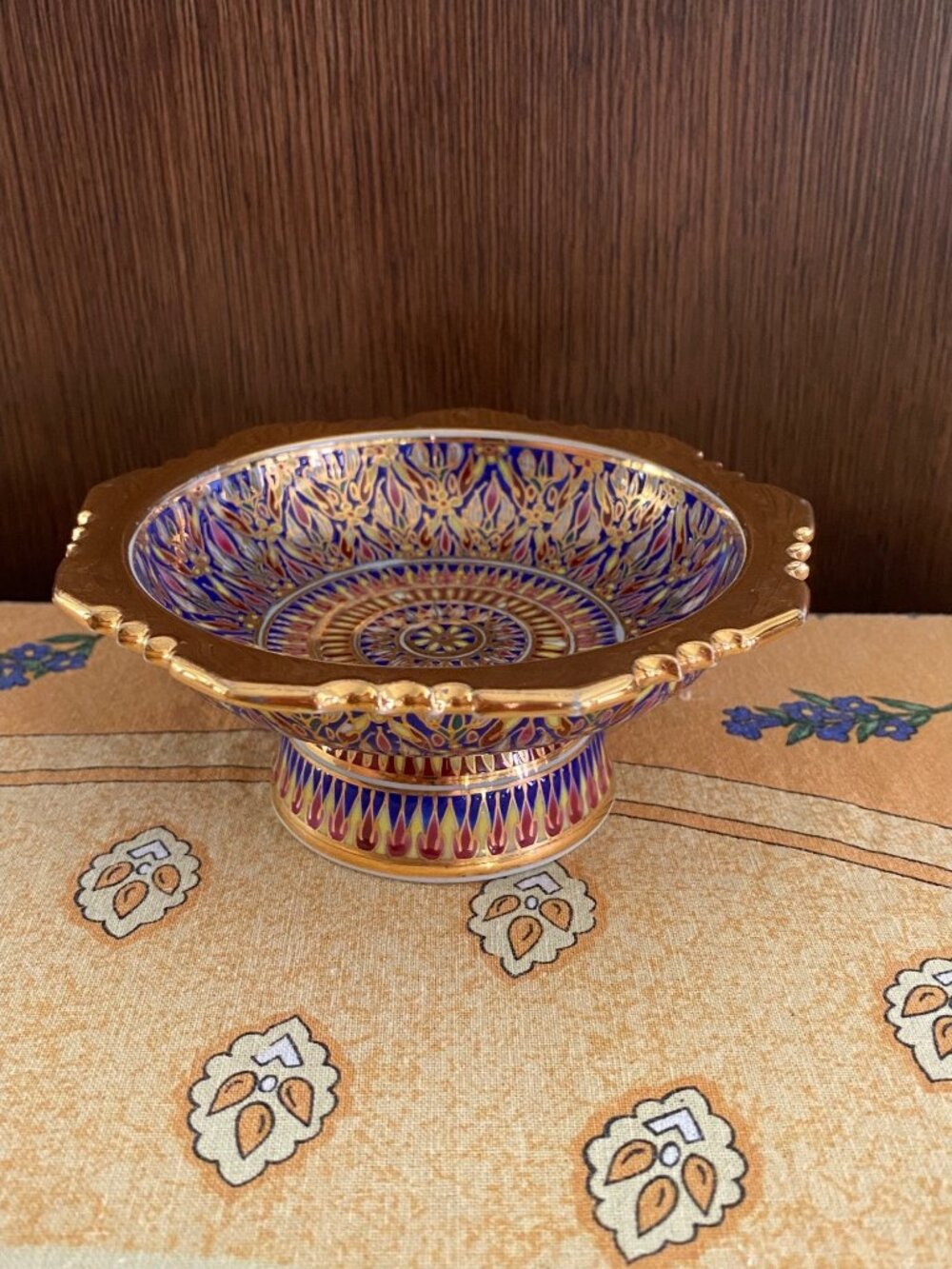 Hand-Painted Porcelain Thai pedestal Bowl With Gold & Blue Floral Design 3" Tall